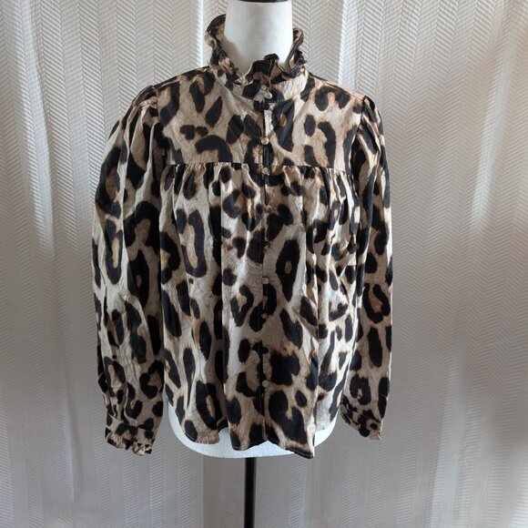 H&M Ruffle Leopard Print Blouse High Collar Oversized Crop Size Small - Picture 2 of 15